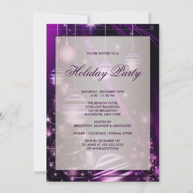 Invitación Árboles morados y fiesta navideña de adornos navid (Anverso)