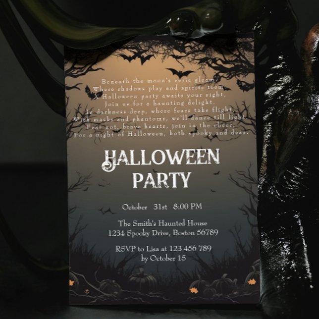 Invitación Árboles oscuros y murciélagos Creepy Poema Hallowe (Subido por el creador)