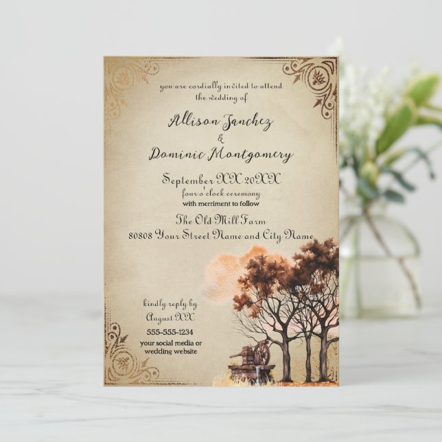 Invitación Árboles Rústicos de Granja Boda Romántica de Otoño (Anverso de pie)