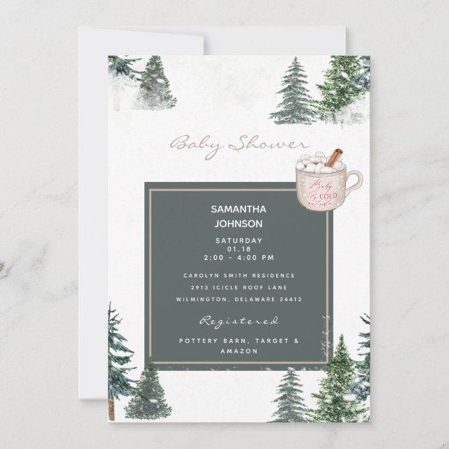 Invitación Árboles y Nieve, bebe, frío fuera de la ducha (Anverso)