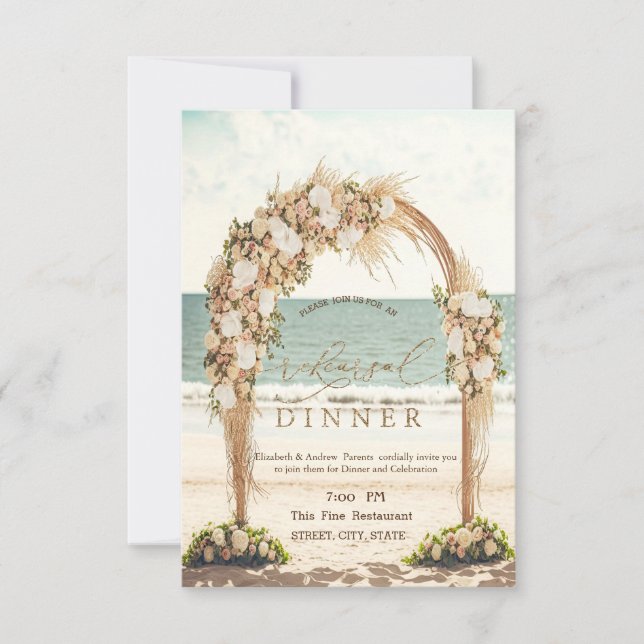 Invitación Arbusto Chic de Bodas de Playa Rosas Cena de Ensay (Anverso)