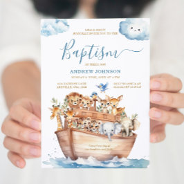 Invitación Arca de Noé azul, animales adorables, bautismo de 