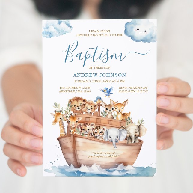 Invitación Arca de Noé azul, animales adorables, bautismo de  (Subido por el creador)