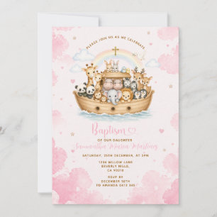 Invitación Arca de Noé de nubes de bautismo rosa