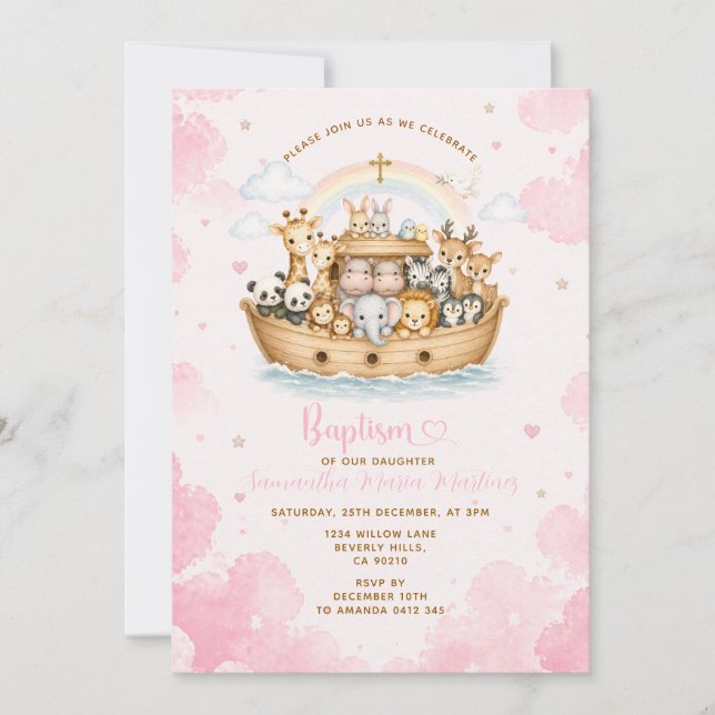 Invitación Arca de Noé de nubes de bautismo rosa  (Anverso)