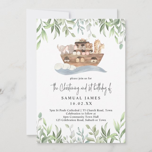 Invitación Arca de Noé Verde Bautizo y 1er Cumpleaños (Anverso)