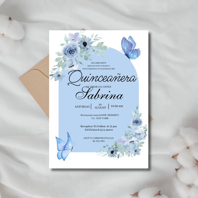 Invitación Arca Quinceanera Floral Bebé mariposas azules (Subido por el creador)