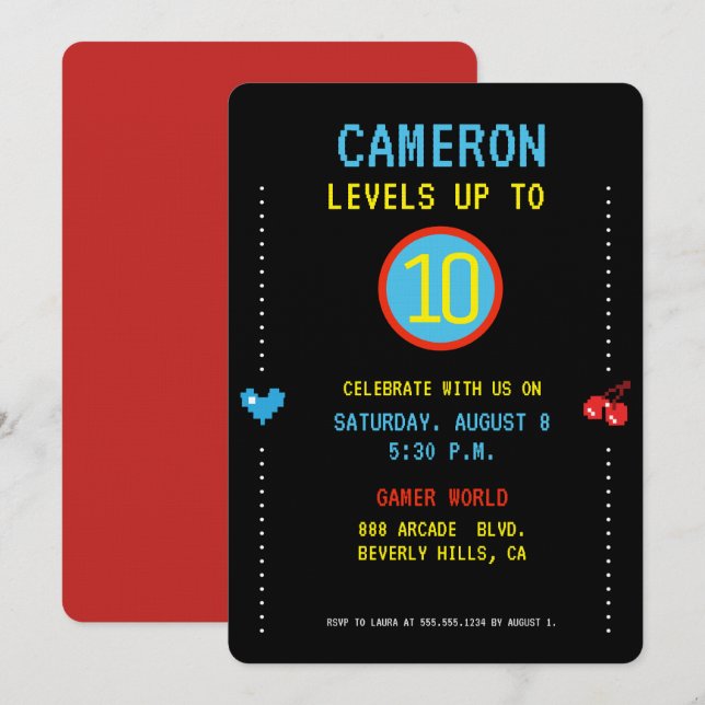 Invitación Arcada de Gamer Pixel nivel hasta 10 años (Anverso / Reverso)