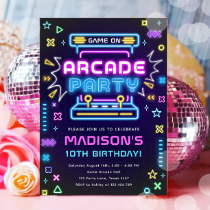 Invitación Arcade Fiesta Glow Neon Video Game On Chica Cumple