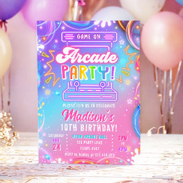 Invitación Arcade Party Game Hall Neon Glow Girl Birthday