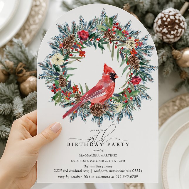 Invitación ARCH 25th Birthday Party Red Cardinal Wreath (Subido por el creador)