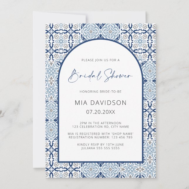 Invitación Arch Amalfi Tile Blue & Gray Bridal Shower (Anverso)