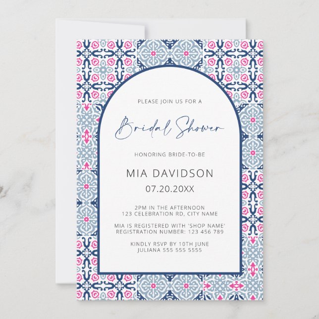 Invitación Arch Amalfi Tile Blue & Hot Pink Bridal Shower (Anverso)