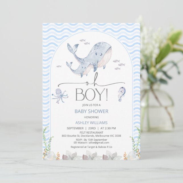 Invitación Arch Blue Oh Boy Under Sea Baby Shower (Anverso de pie)