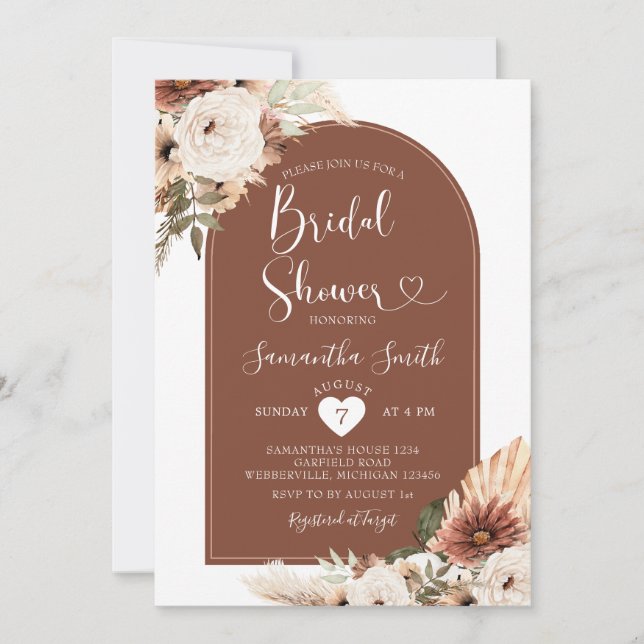 Invitación Arch Bohemira Terracota Floral blanca Ducha de nov (Anverso)