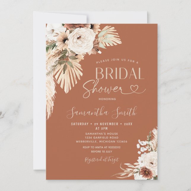 Invitación Arch Boho Pampas Ducha de Novias Florales Grasas (Anverso)