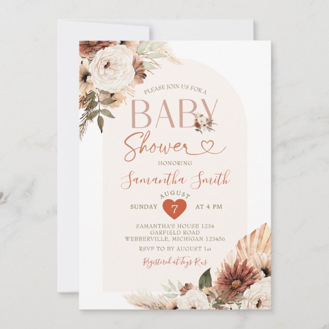 Invitación Arch Boho Pampas Grass Floral Baby Shower (Anverso)