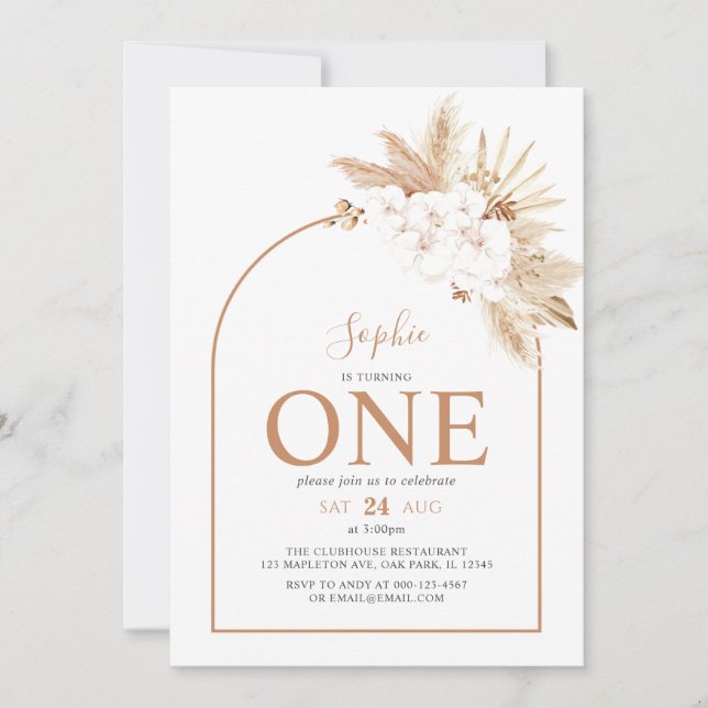 Invitación Arch Boho Pampas Niña de hierba primer cumpleaños (Anverso)