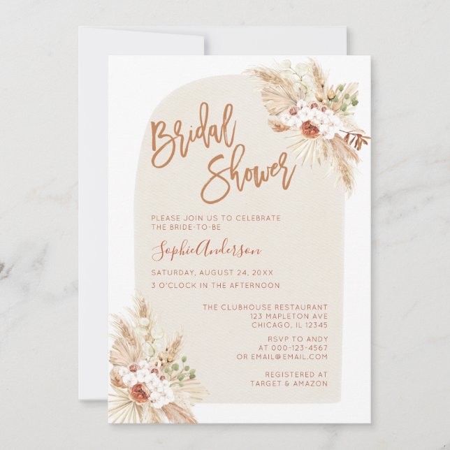 Invitación Arch Boho Terracotta Pampas Ducha de Novias Grass (Anverso)
