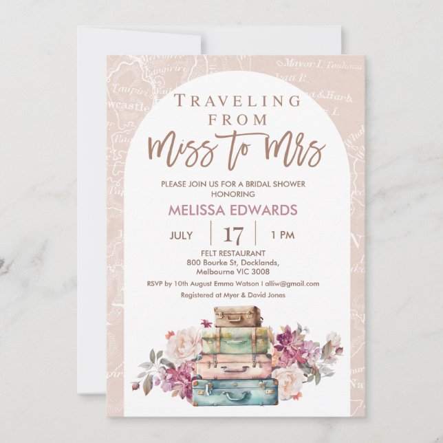 Invitación Arch Boho viajando a la señora ducha de novias (Anverso)