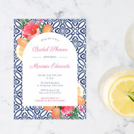 Invitación Arch Bold Citrus Floral Blue Tile Wedding Ducha