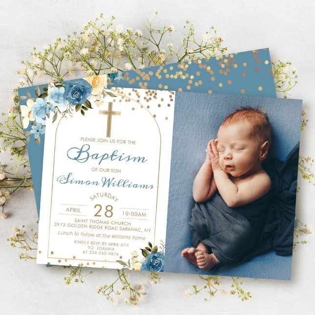 Invitación Arch Dusky Blue Floral Gold Purpurina Baptism Phot (Subido por el creador)