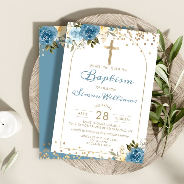 Invitación Arch Dusky Blue Floral Gold Purpurina Bautismo (Subido por el creador)