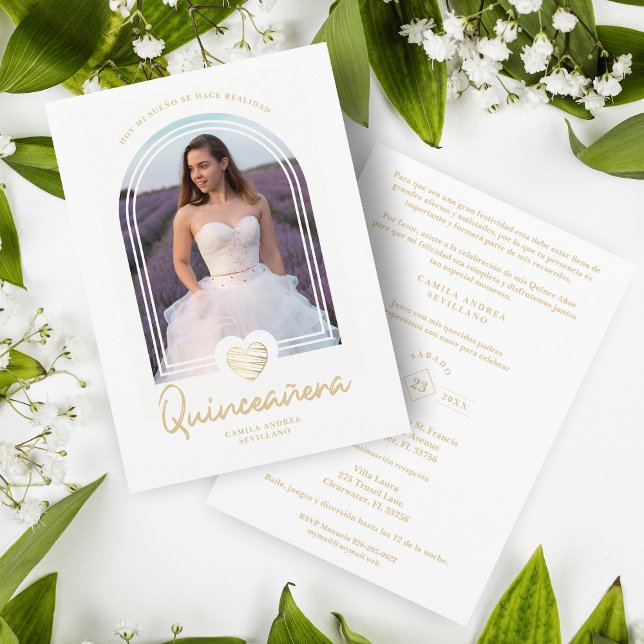 Invitación Arch Español Moderno Corazón Blanco Foto Quinceañe (Subido por el creador)