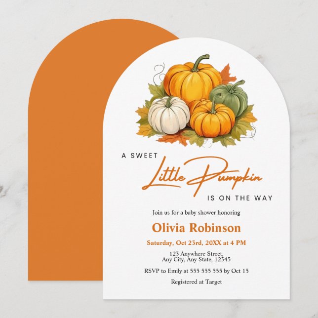 Invitación Arch Fall Autumn A Little Pumpkin Baby Shower  (Anverso / Reverso)