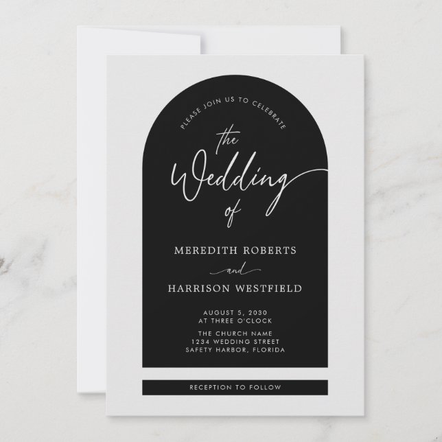 Invitación Arch Frame Moderno Script QR Código Boda negro (Anverso)