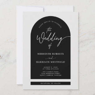 Invitación Arch Frame Moderno Script QR Código Boda negro