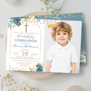 Invitación Arch Gold Dusky Floral Azul Primera Comunión Foto