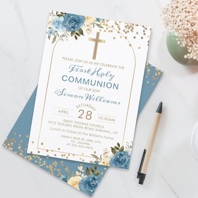 Invitación Arch Gold Dusky Floral Azul Primera Santa Comunión (Subido por el creador)