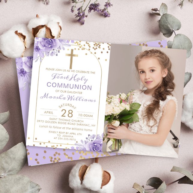 Invitación Arch Gold Purple Floral First Holy Communia Foto (Subido por el creador)
