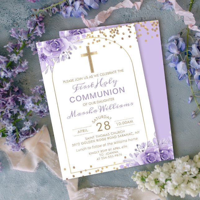 Invitación Arch Gold Purple Floral Primera Comunión Santa (Subido por el creador)