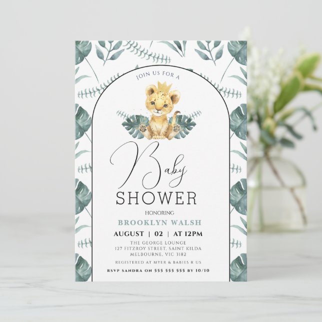 Invitación Arch Green Foliage Lion Baby Shower (Anverso de pie)