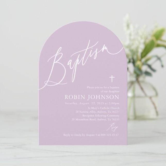Invitación Arch Moderno Dusty Cruz Púrpura Baptismo Niña Bebé (Anverso de pie)