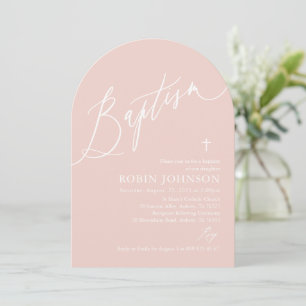 Invitación Arch Moderno Dusty Cruz Rosa Baptismo Niña Bebé