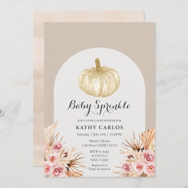 Invitación Arch Pampas Grass White Pumpkin Baby Sprinkle  (Anverso / Reverso)