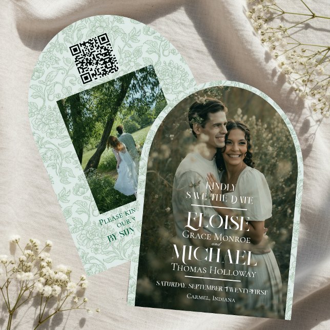 Invitación Arch Photo Floral Toile Script Save the Date (Formally invite guests to your big day with this Arch Photo Floral Toile Script Save the Date!)