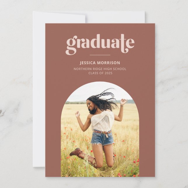 Invitación Arch Photo Modern Typography Rust Graduation Party (Anverso)