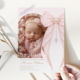 Invitación Arch Photo Pink Coquette Bow Baby Girl Baptism