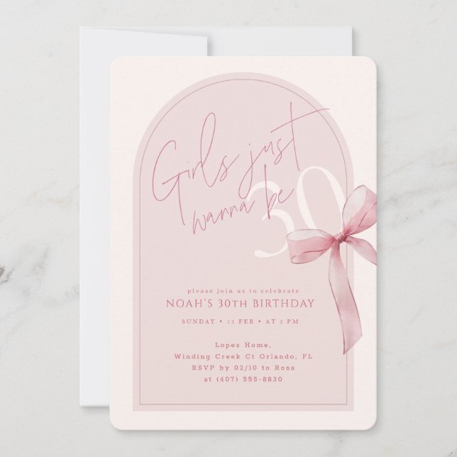Invitación Arch Pink Bow Girls Just Wanna Be 30 Birthday (Anverso)