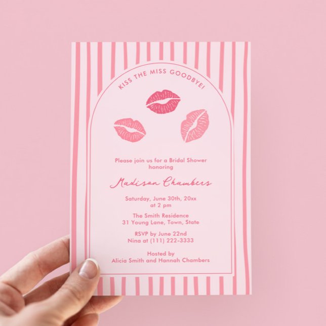 Invitación Arch Pink Lips Kiss The Miss Goodbye Bridal Shower (Modern pink kissy lips Valentine's Day bridal shower invitations with modern arch)