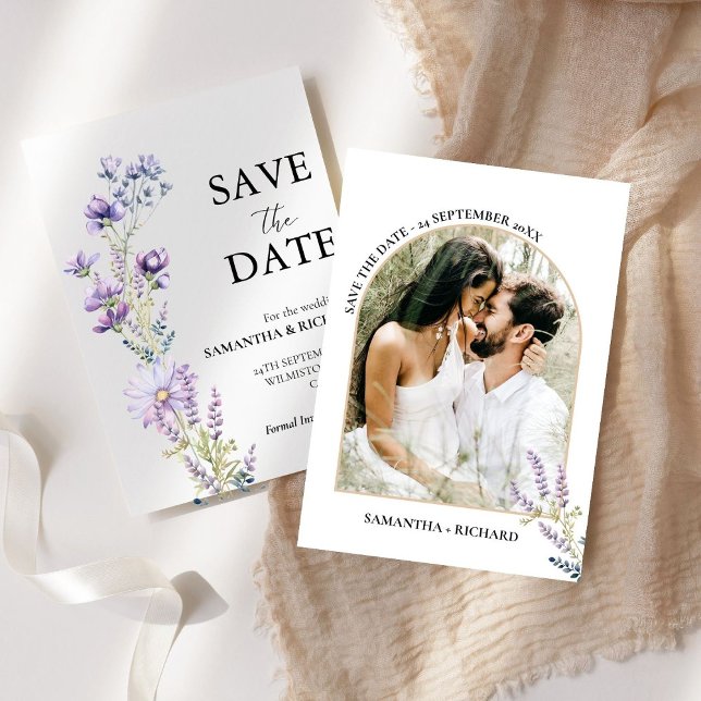 Invitación Arch Purple Wildflower Wedding Salva la fecha (Subido por el creador)
