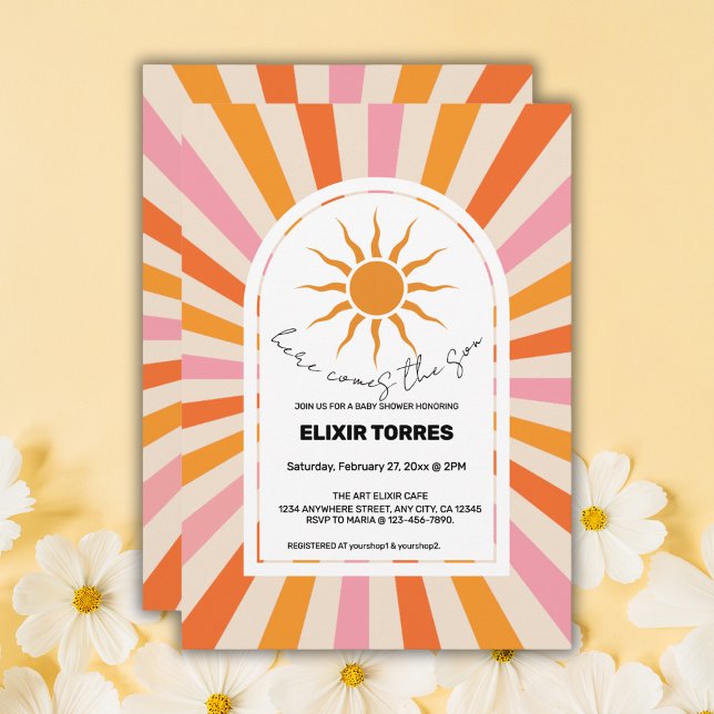 Invitación Arch Retro Aquí Viene El Baby Shower Del Hijo (Subido por el creador)