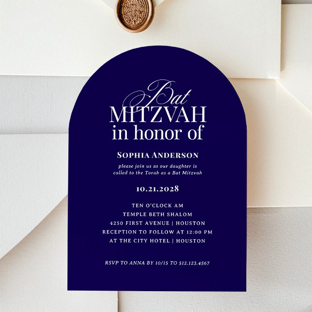 Invitación Arch Shape Classic Luxe | Bat azul oscuro Mitzvah (Subido por el creador)