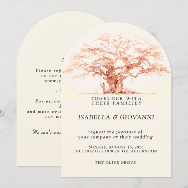 Invitación Arch Sunset Olive Tree Destination Wedding (Anverso / Reverso)