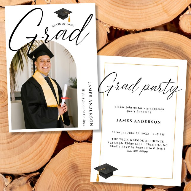 Invitación Arch Trendy Modern Script Photo Graduation Party (Subido por el creador)