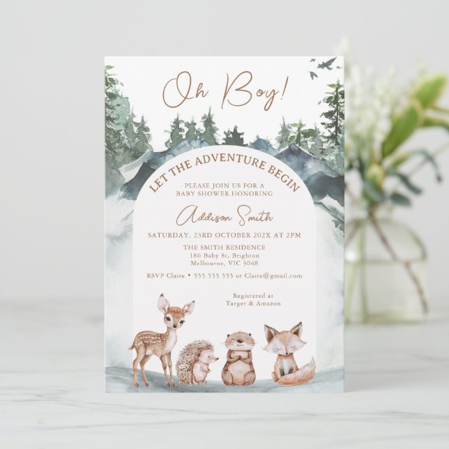 Invitación Arch Woodland Deja que la aventura empiece Baby Sh (Anverso de pie)